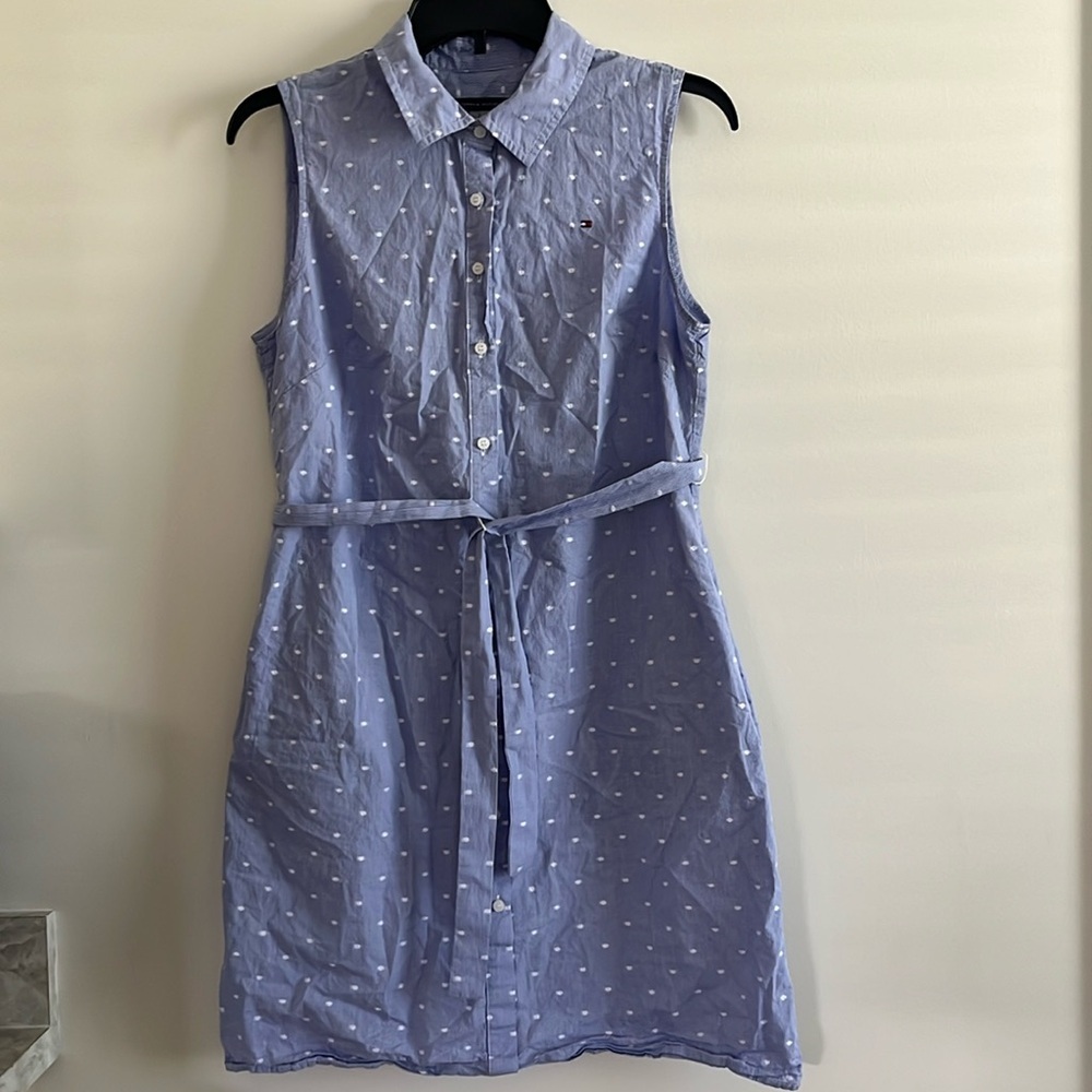 Tommy Hilfiger Classic Button Down Collared Sun Dress Sz 8 Blue Polka Dot White